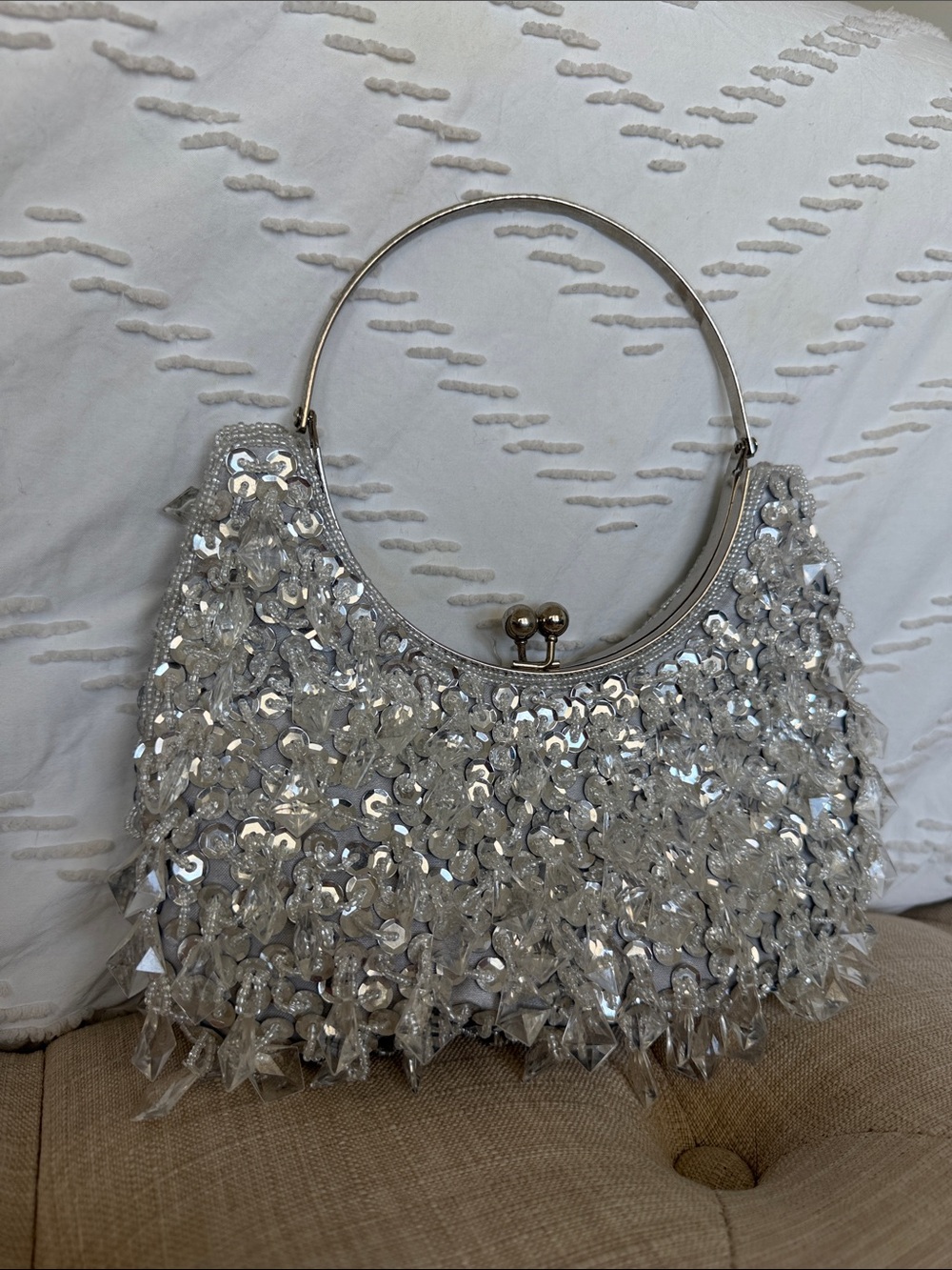 Silver Sequin & Bead Evening Top-Handle Bag